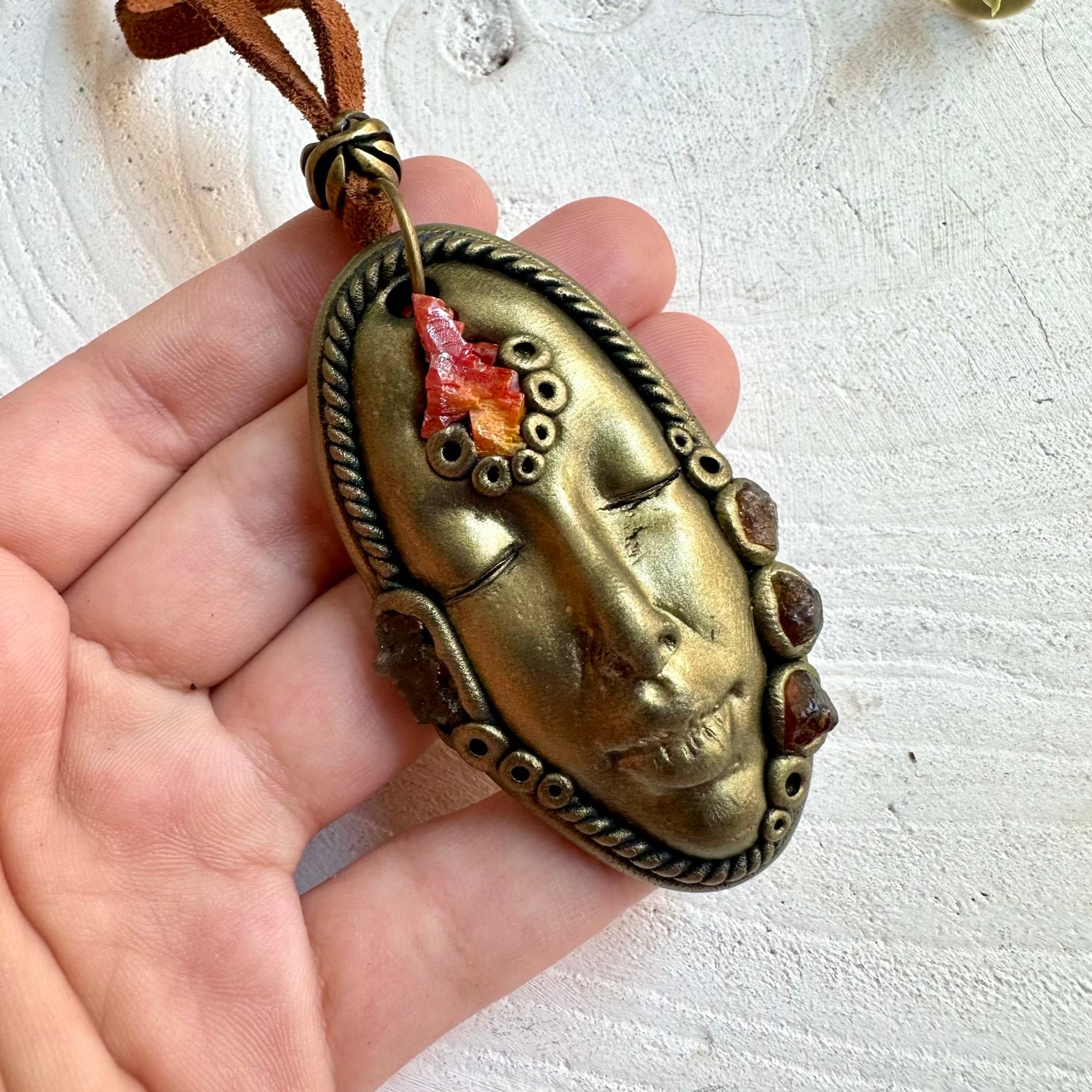 Handmade Goddess unisex pendant featuring Vanadinite, Moldavite and Hessonite Garnet natural gemstones.