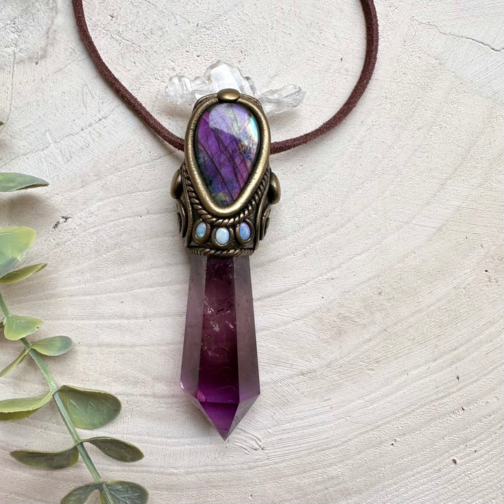 Amethyst paired with faden quartz labradorite and opal wand necklace
