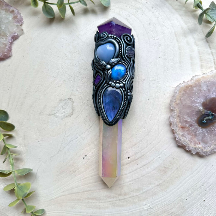 Handmade healing crystal wand with angel aura quartz and amethyst