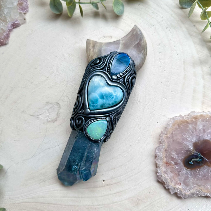 Handmade healing crystal wand with aqua aura quartz and larimar