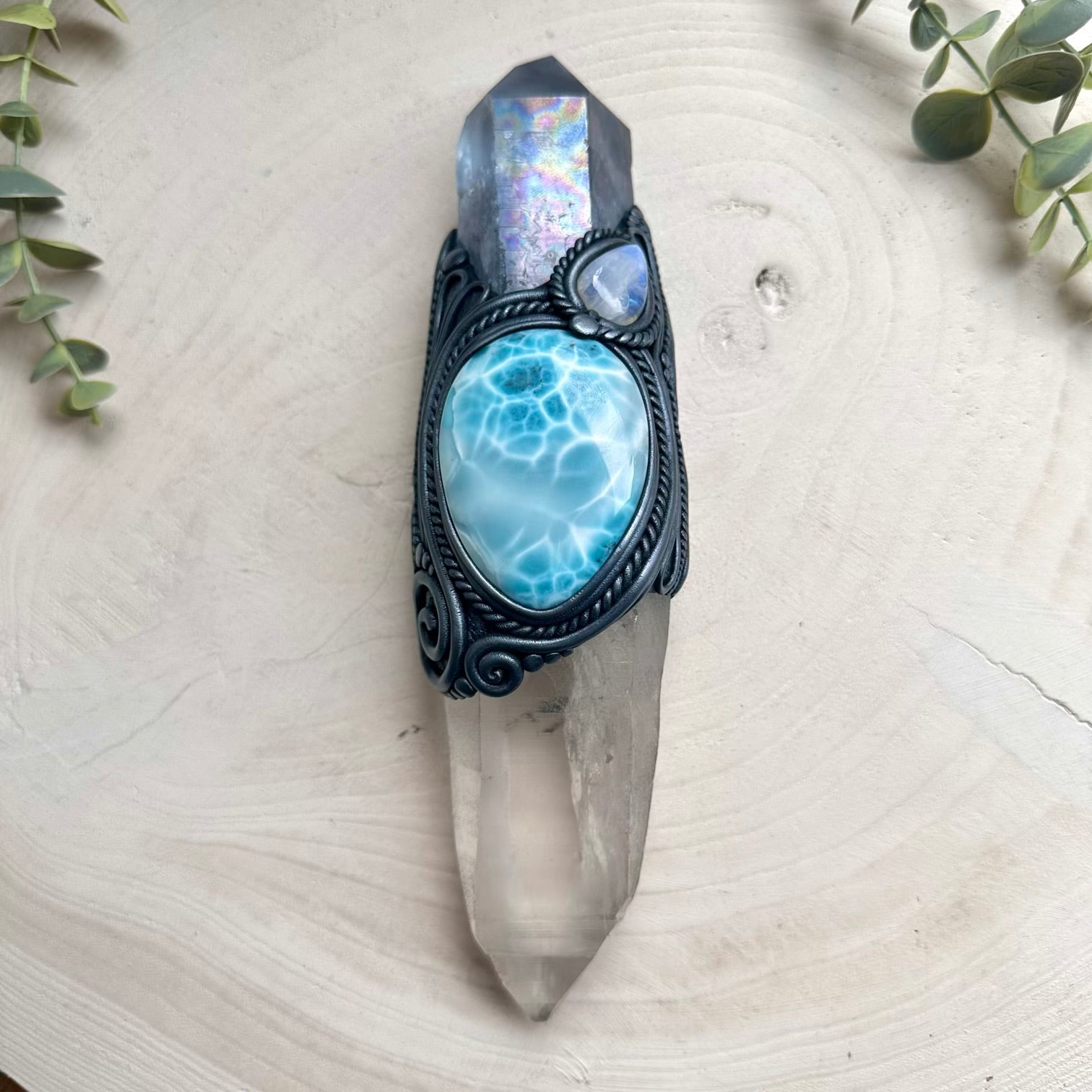 Handmade crystal wand with aura quartz larimar and moonstone lemurian seed