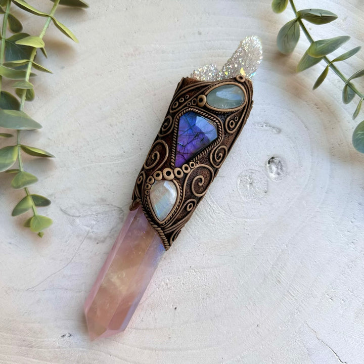 Angel aura quartz paired with moonstone and labradorite in a wand pendant