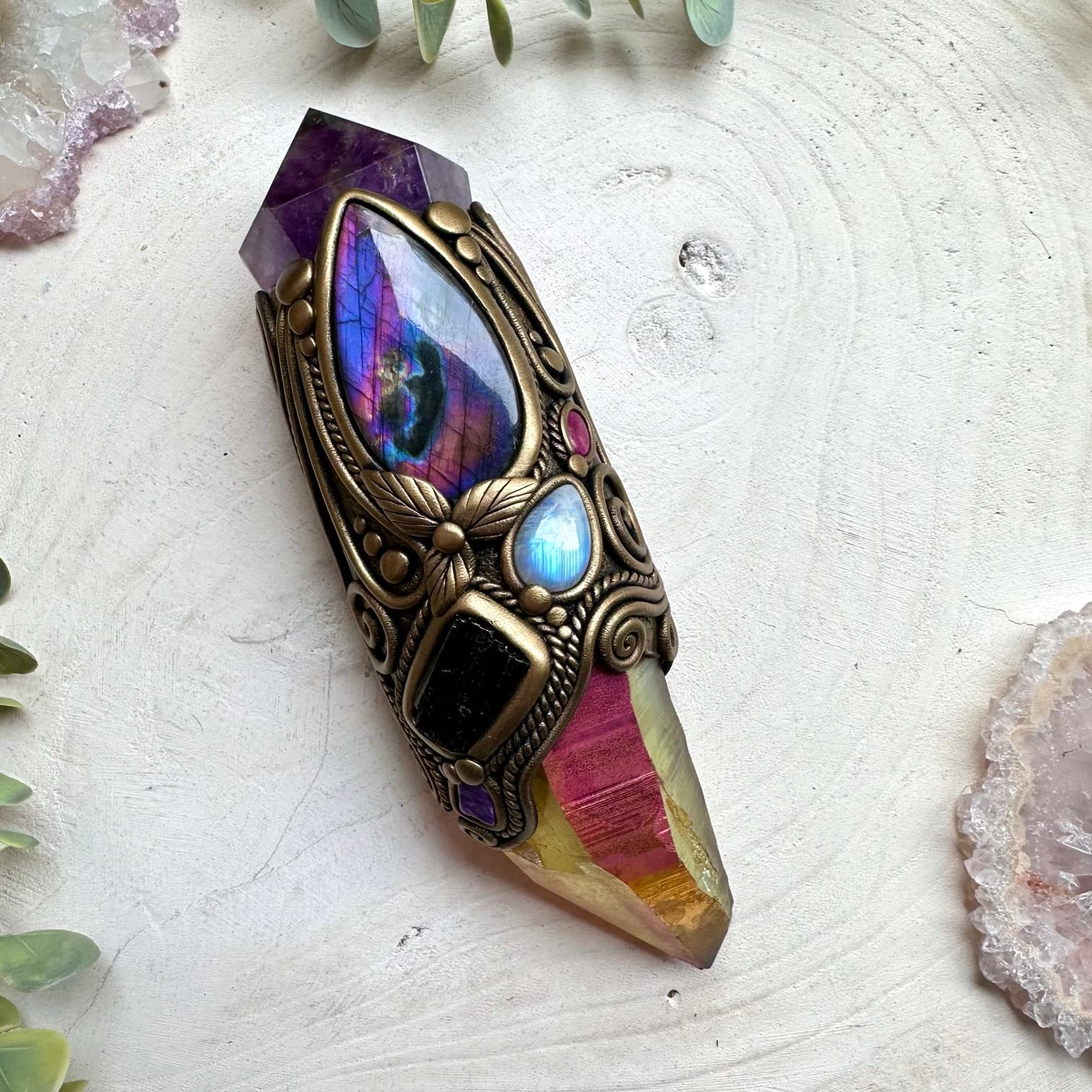 Handmade healing crystal wand with sunset aura quartz and amethyst