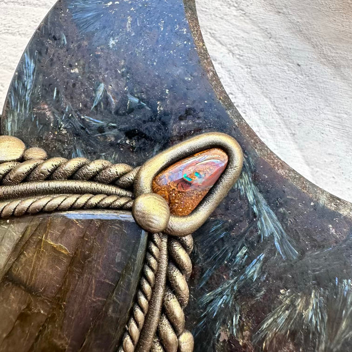 Ritual crystal wand with moldavite and boulder opal