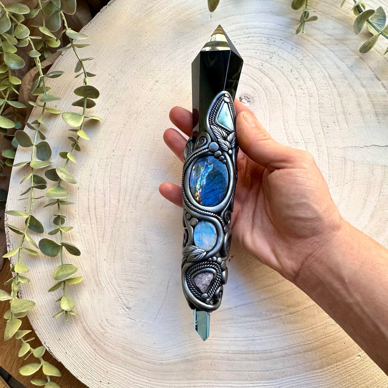 Healing crystal wand with black obsidian point labradorite and larimar