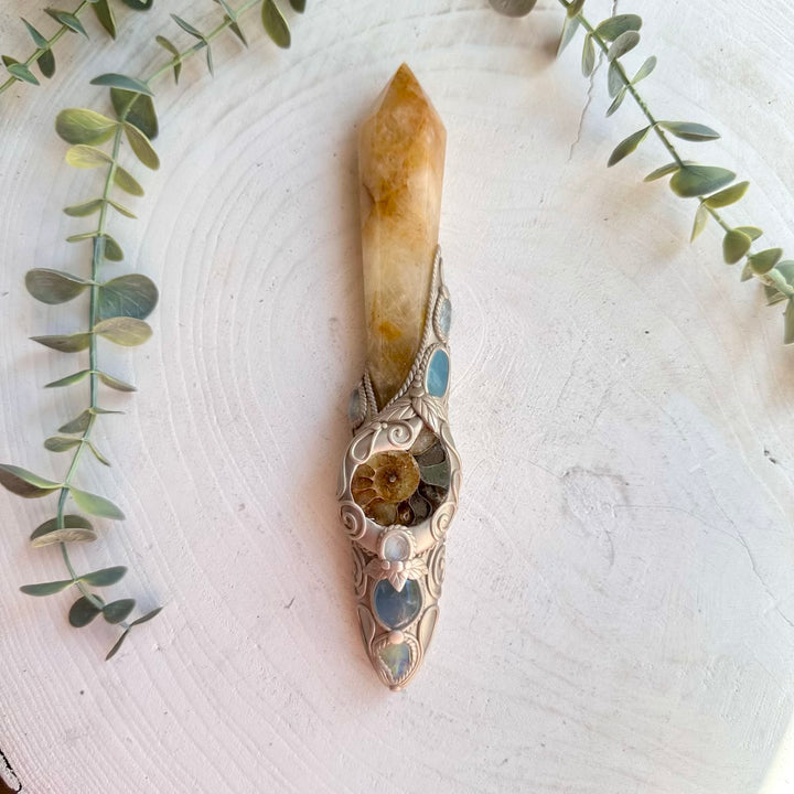 Handmade manifestation crystal wand with Golden Healer and natural healing gemstones for meditation and rituals