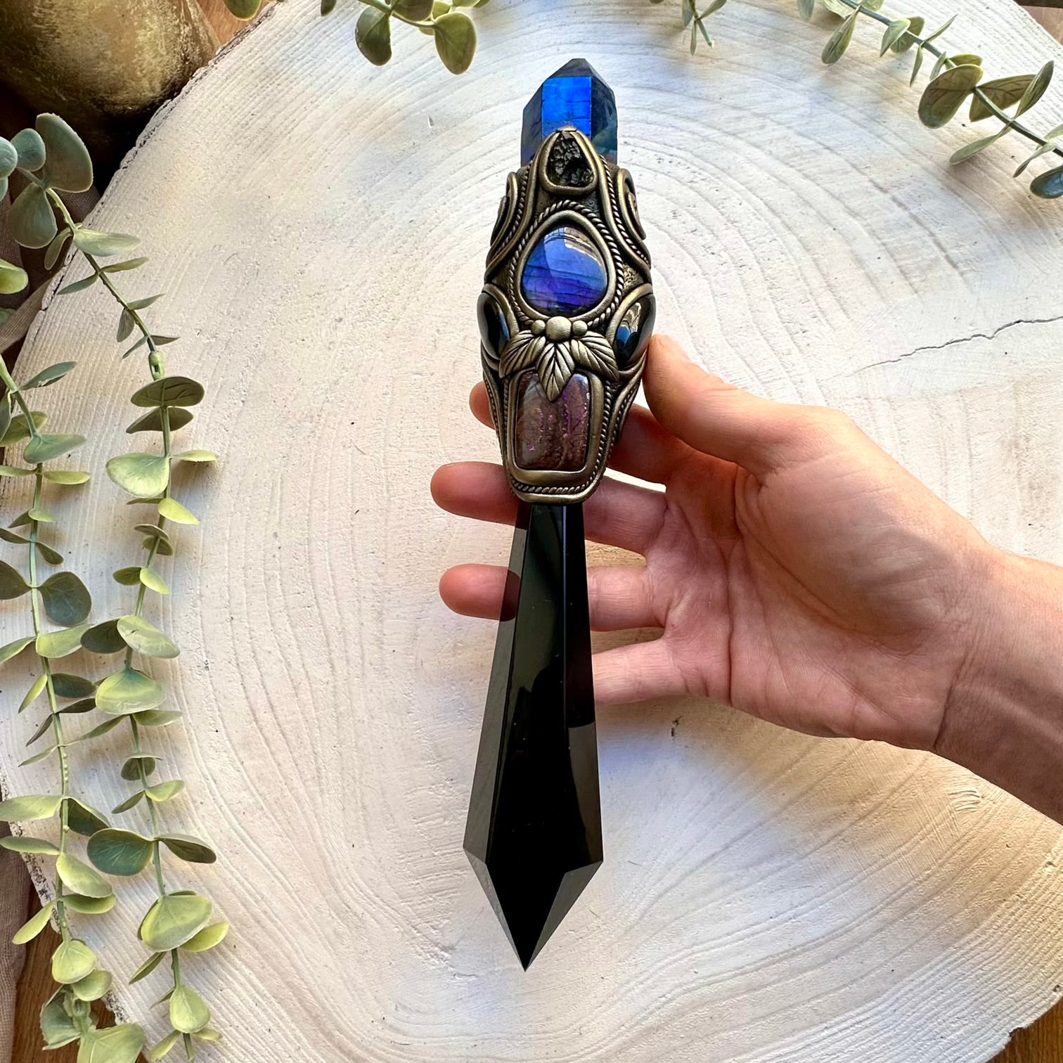 Healing crystal wand with black obsidian point cobalt aura quartz and moldavite