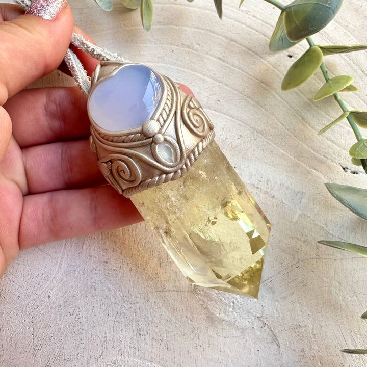 Crystal wand necklace with citrine blue chalcedony and blue topaz healing gemstones