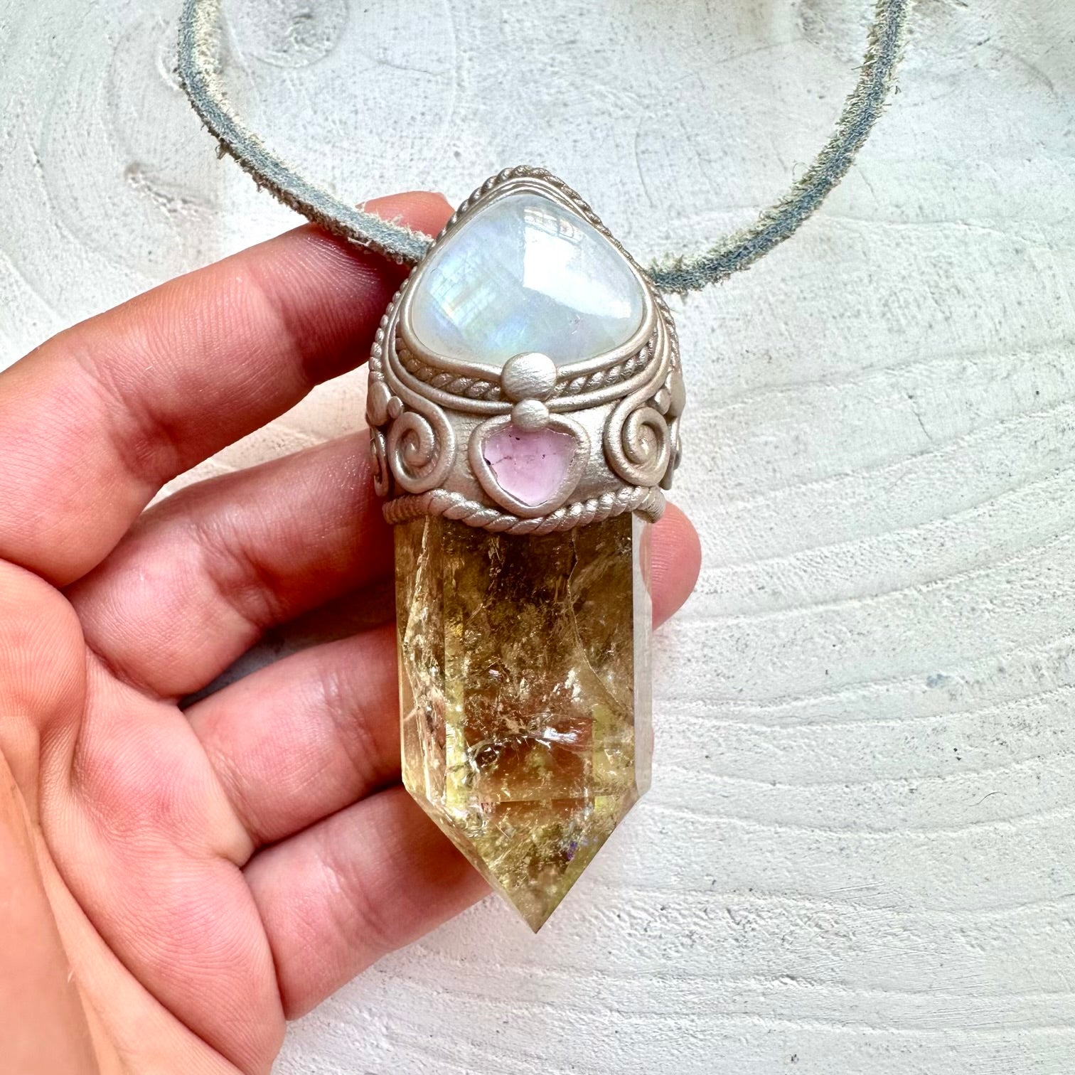 protection amulet crystal wand necklace with natural citrine tourmaline and moonstone