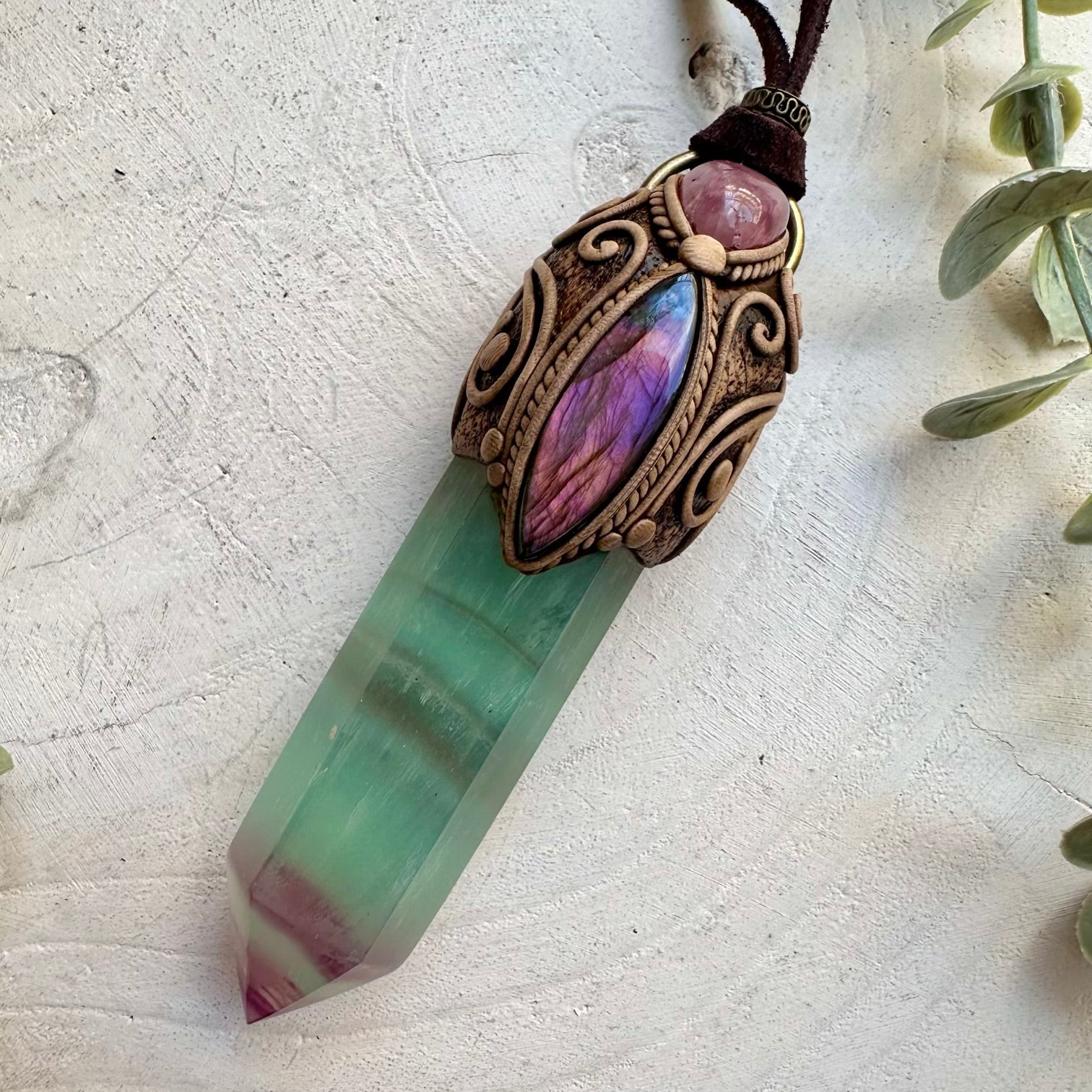 Rainbow fluorite paired with labradorite and lavender quartz