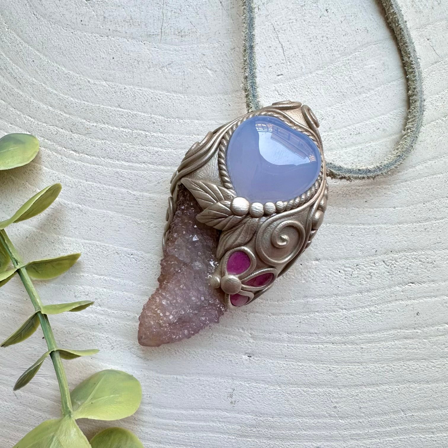 Crystal talisman wand necklace with spirit quartz blue chalcedony and pink tourmaline healing crystals