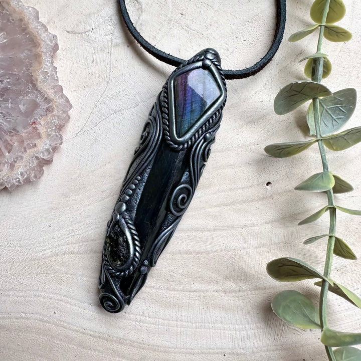 Crystal wand necklace with moldavite vivianite and labradorite