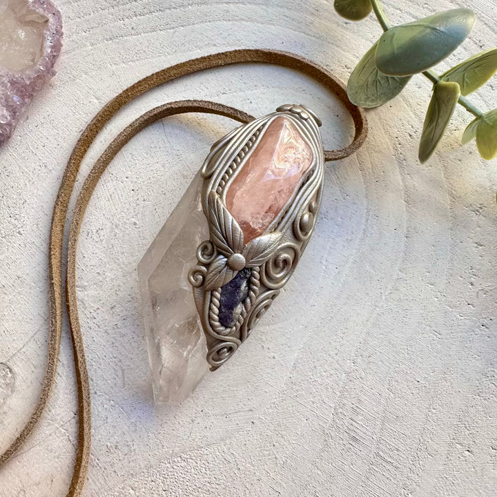 Healing crystal wand necklace with morganite and tanzanite