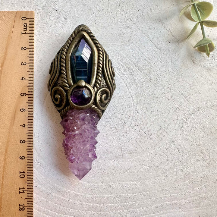 Statement crystal wand pendant combining Deep Purple Spirit Quartz with Aqua Aura Quartz and Amethyst.