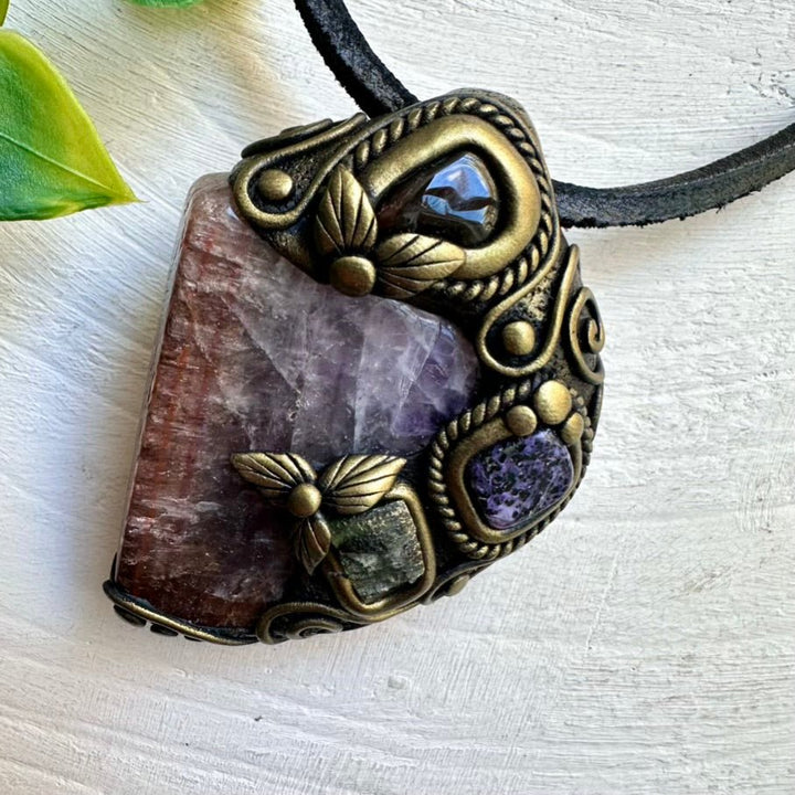 Super Seven Quartz, Moldavite, Charoite and Fire Agate Wearable Wand / Healing Crystal Pendant - FairyGardenGlow