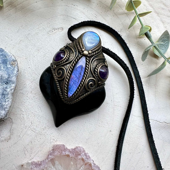 Spiritual crystal wand necklace with rainbow obsidian and labradorite