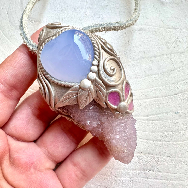 Handmade gemstone necklace blue chalcedony spirit quartz