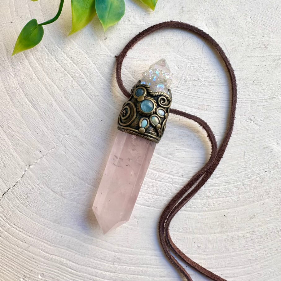 Handmade wand necklace featuring Rose Quartz, Angel Aura Spirit Quartz and Aquamarine