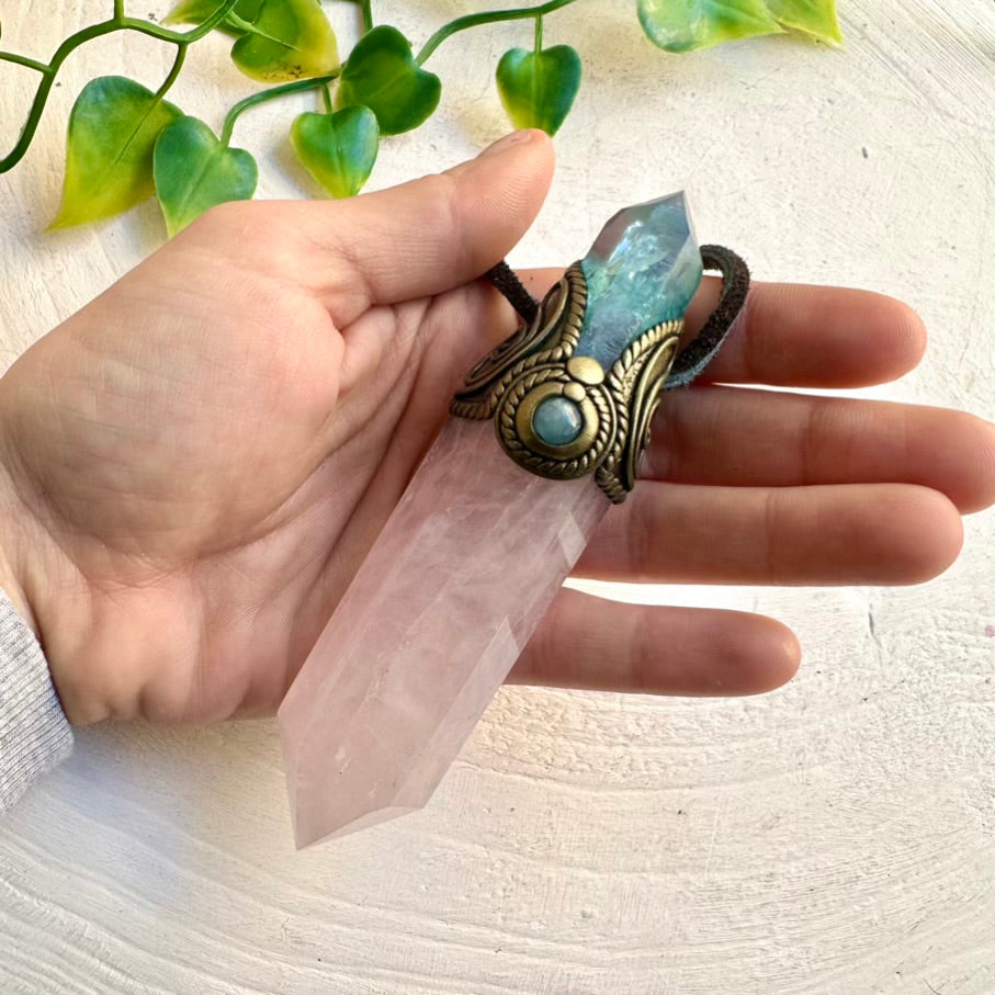 Handmade wand necklace featuring Rose Quartz, Aqua Aura Quartz and Aquamarine