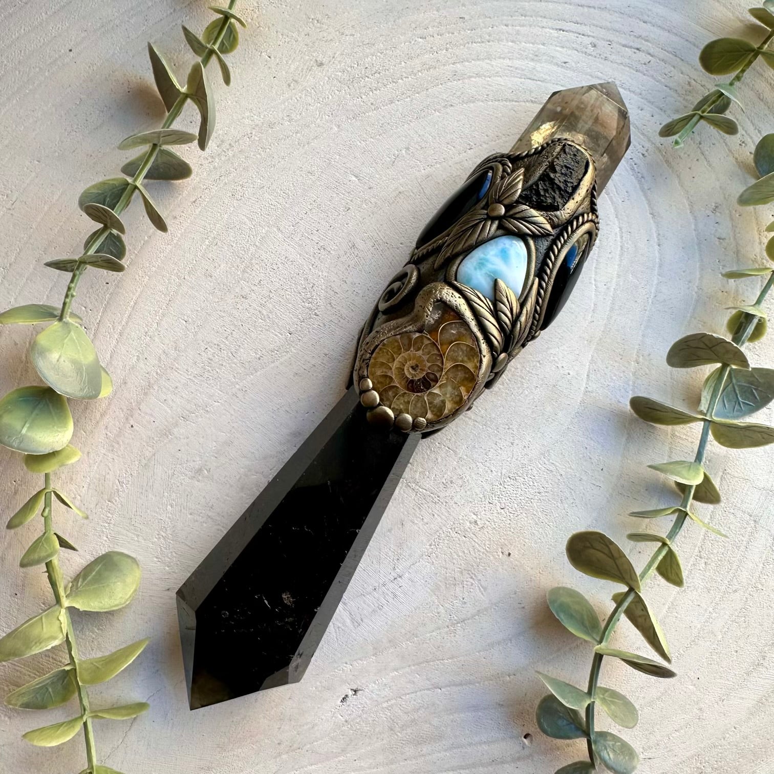 Healing crystal wand with smoky quartz polished citrine and raw moldavite