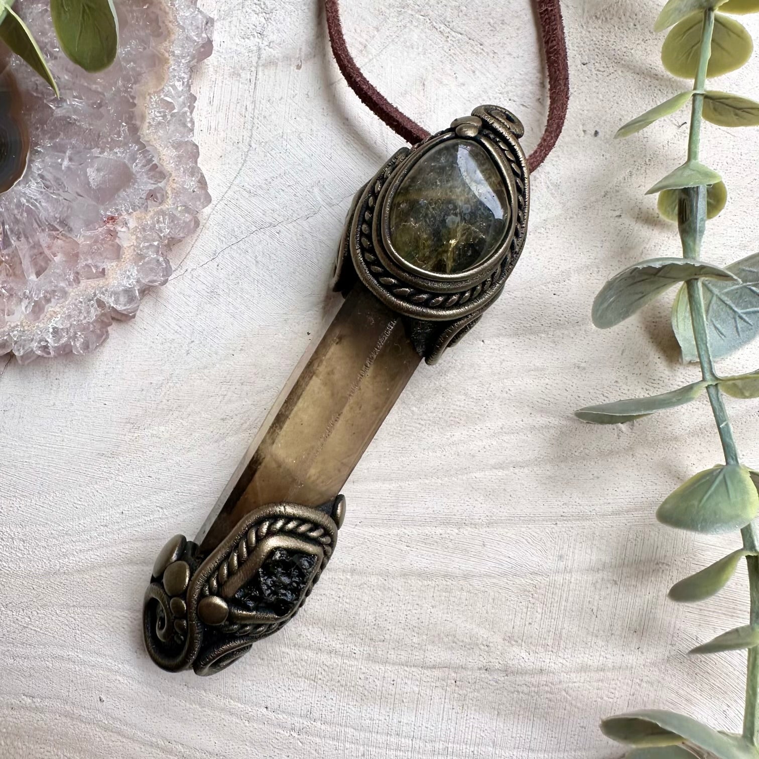 Crystal wand necklace with moldavite and topaz
