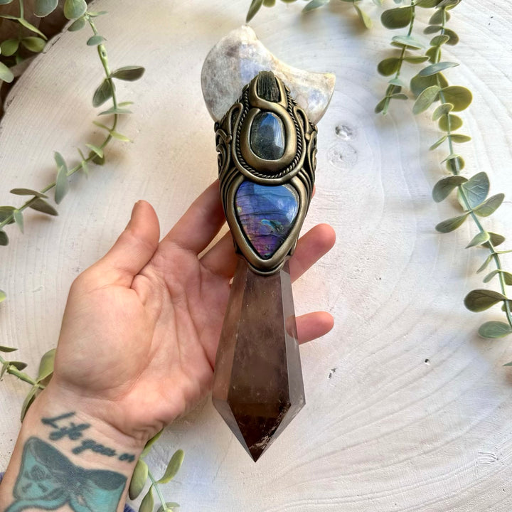 Healing crystal wand with smoky quartz moonstone moon and moldavite