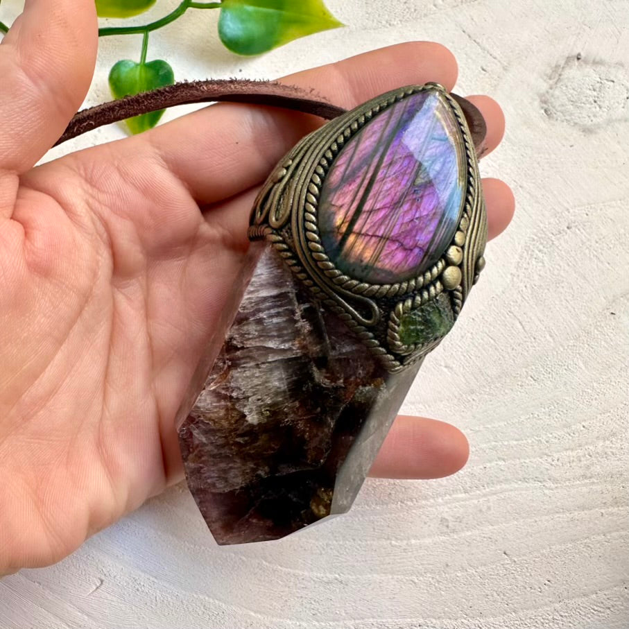 Handmade crystal wand with Super Seven Quartz, Labradorite and Moldavite