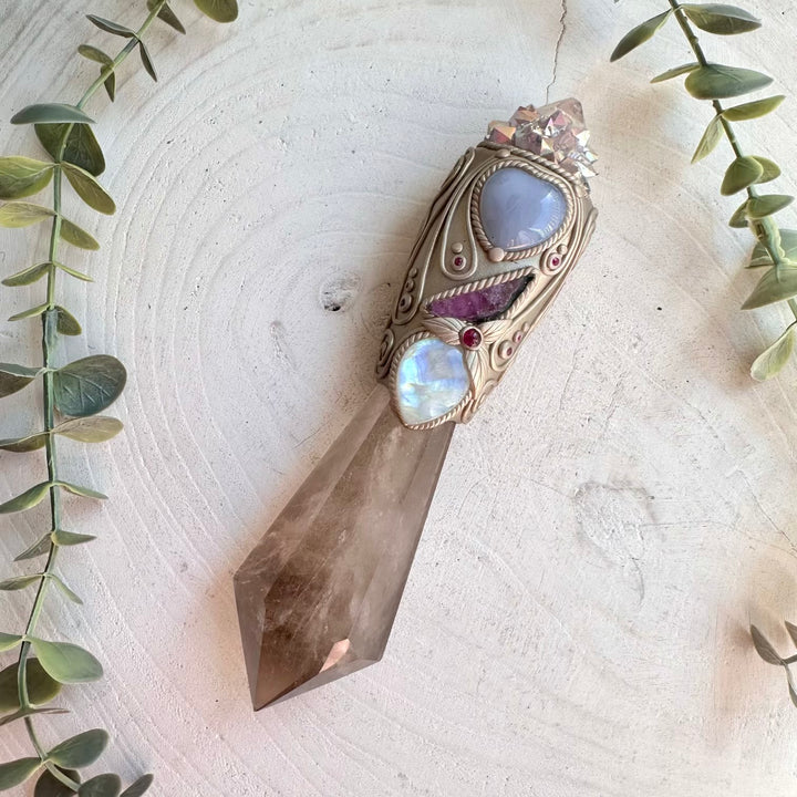 Crystal talisman wand with angel aura spirit quartz blue chalcedony heart and rainbow moonstone