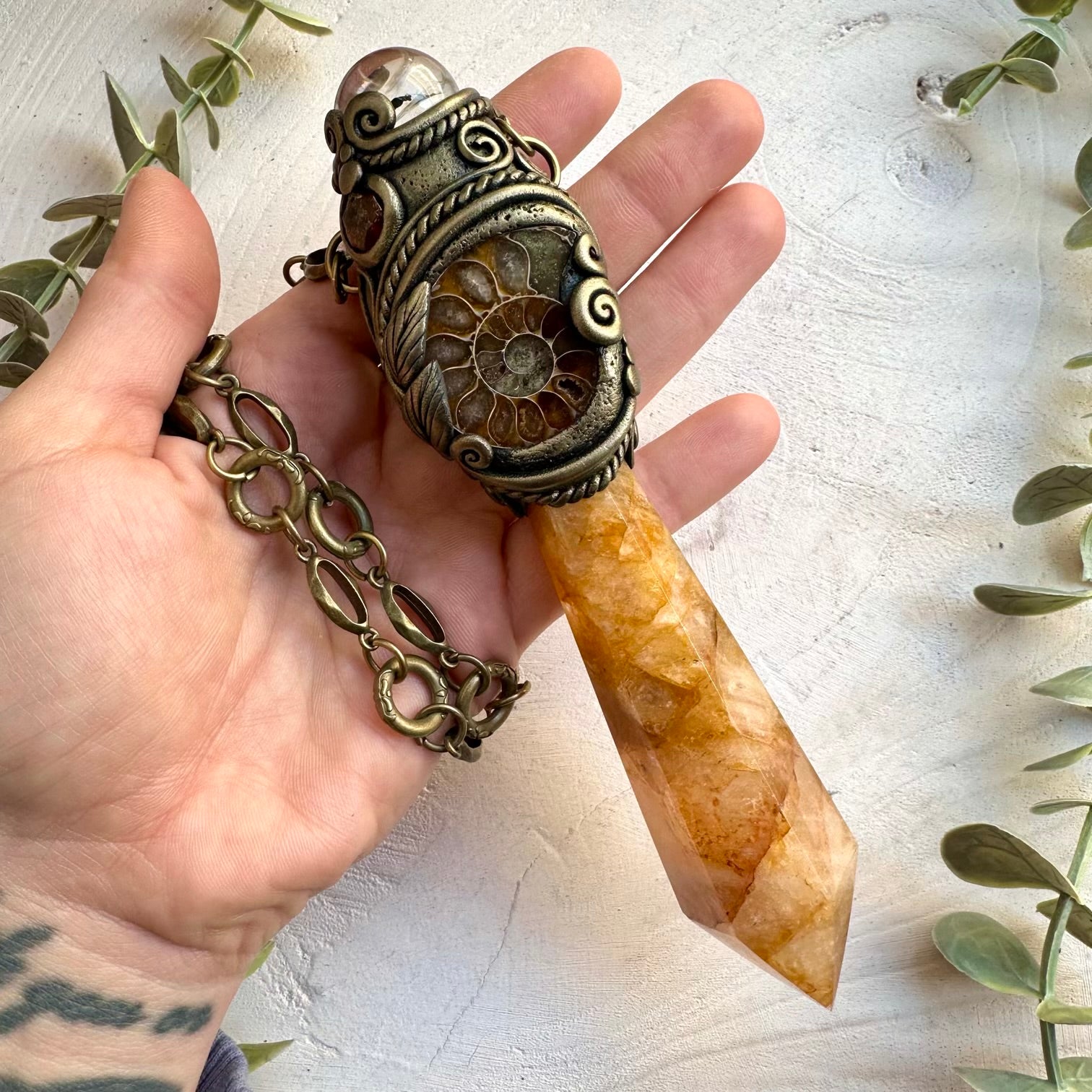 Healing crystal wand with chain golden healer and clear quartz sphere