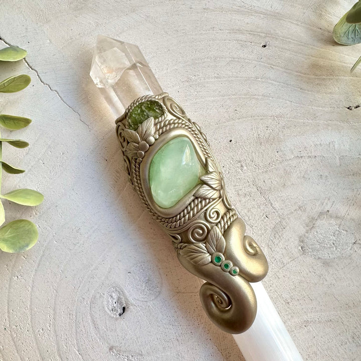 Handmade healing crystal wand with Selenite, Prehnite and Moldavite gemstones.
