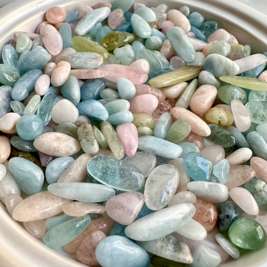 Beryl Chips – Natural Mix of Aquamarine, Morganite & Kunzite Stones Lot, Small Healing Crystals for Calm & Love - FairyGardenGlow