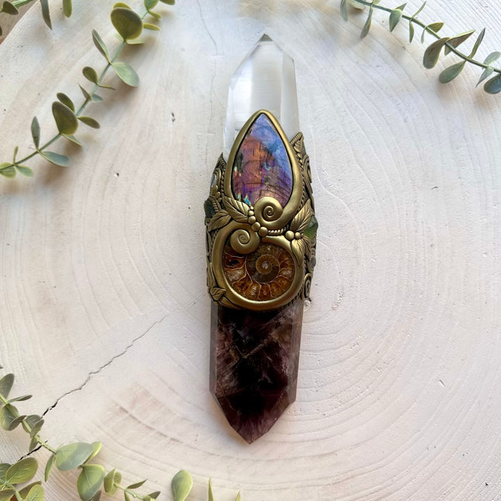 Ritual energy wand combining Super Seven Quartz, Labradorite, Ammonite and Peridot.