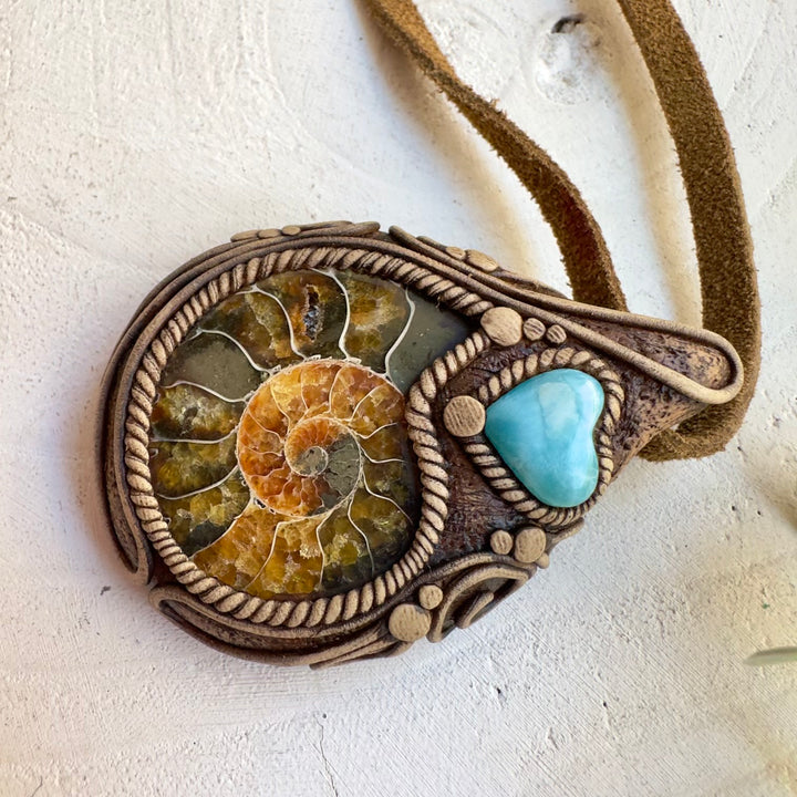 One of a kind ammonite and Larimar crystal necklace