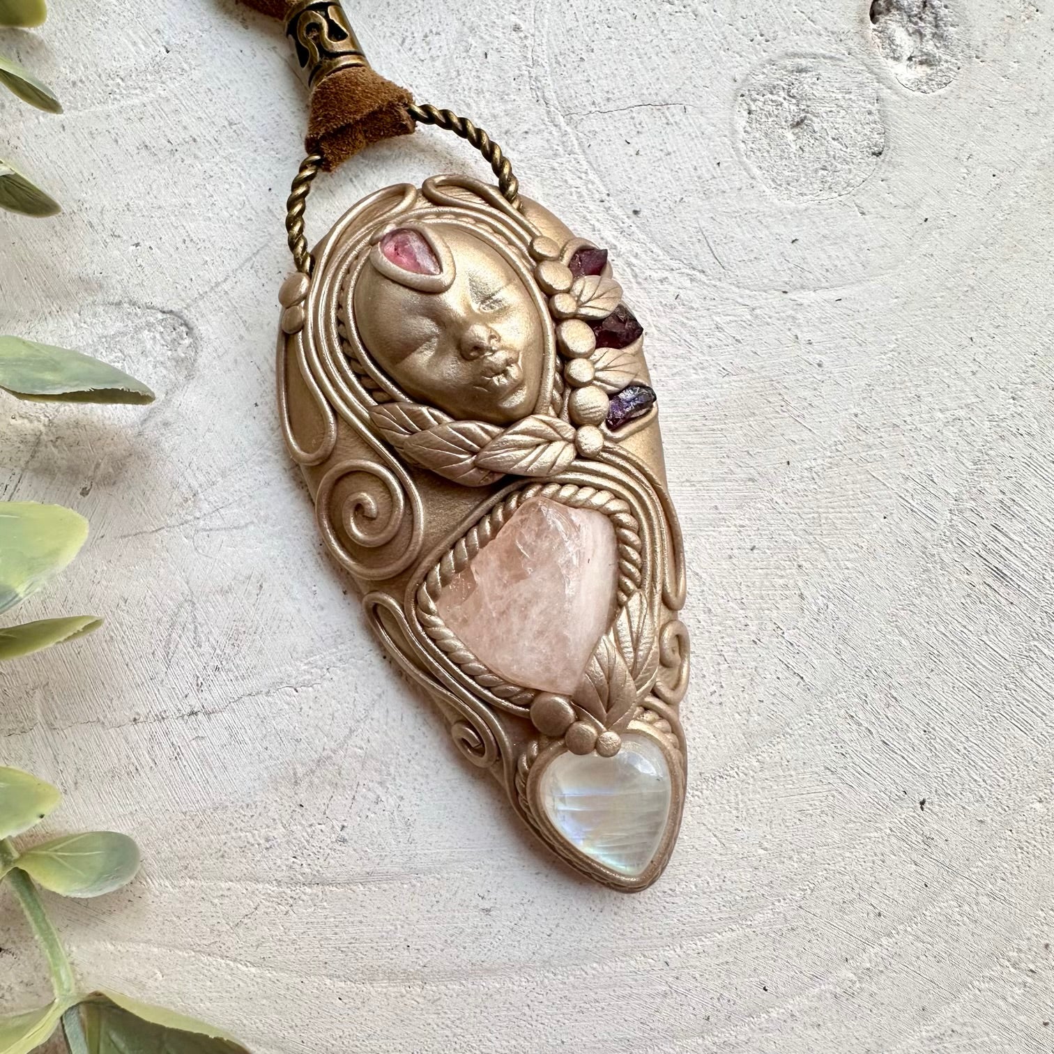 Healing crystal goddess pendant with morganite and rainbow moonstone
