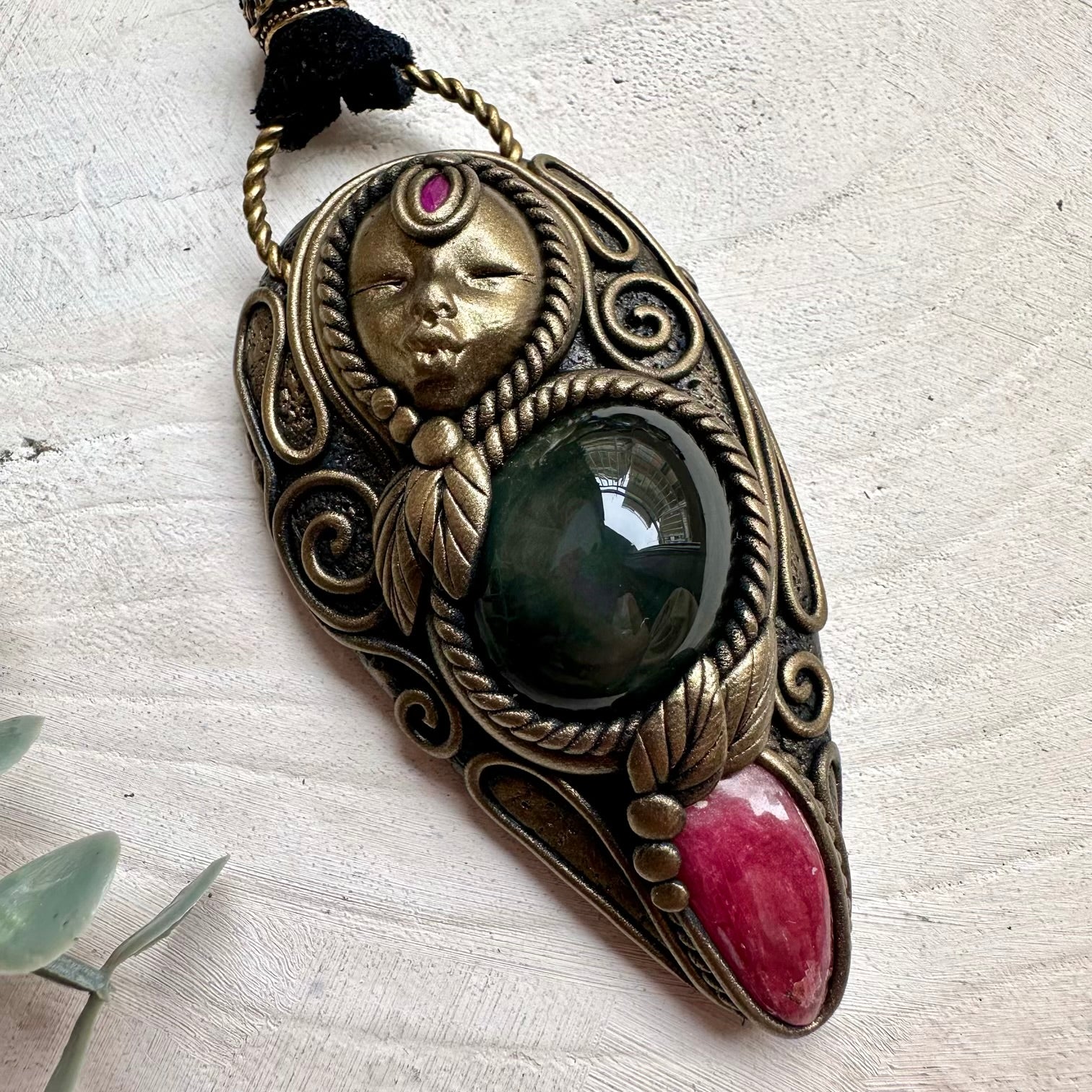 Healing crystal goddess pendant with ruby and rhodonite