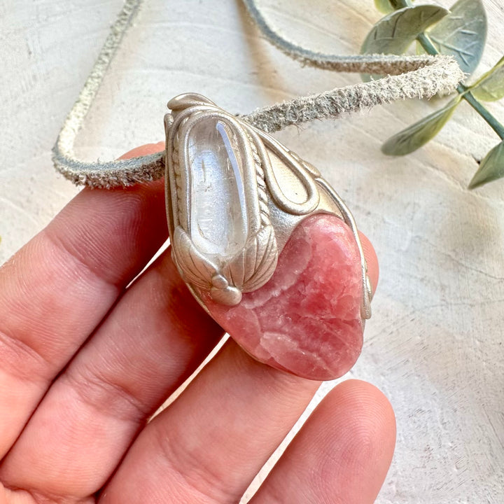 Metaphysical crystal jewelry with rhodochrosite and danburite gemstones