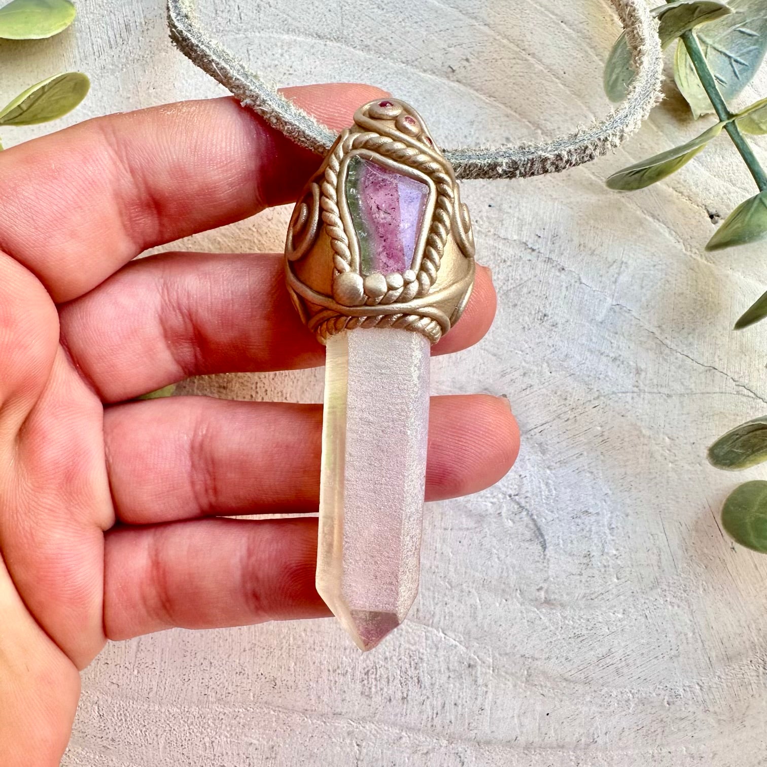 Metaphysical jewelry angel aura quartz watermelon tourmaline ruby necklace