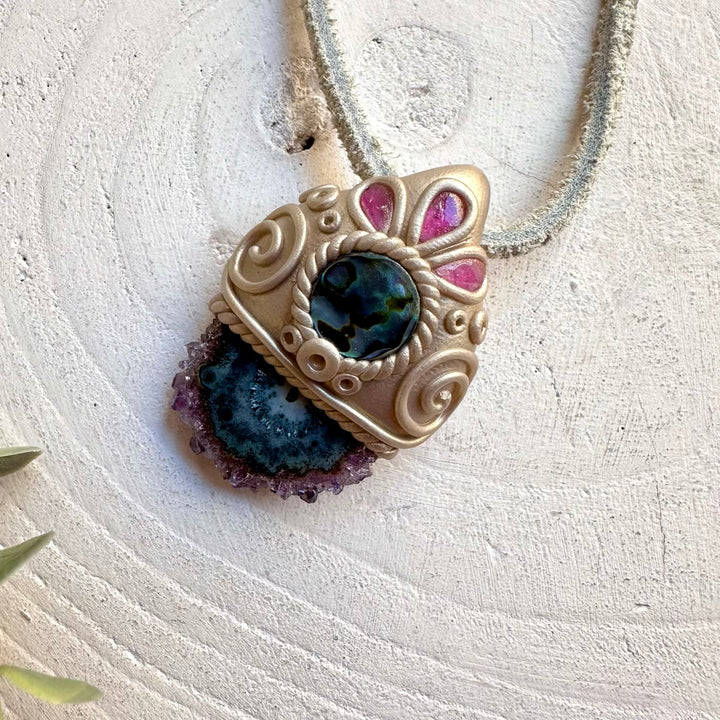 Metaphysical handmade jewelry Amethyst Stalactite Abalone Seashell Pink Tourmaline