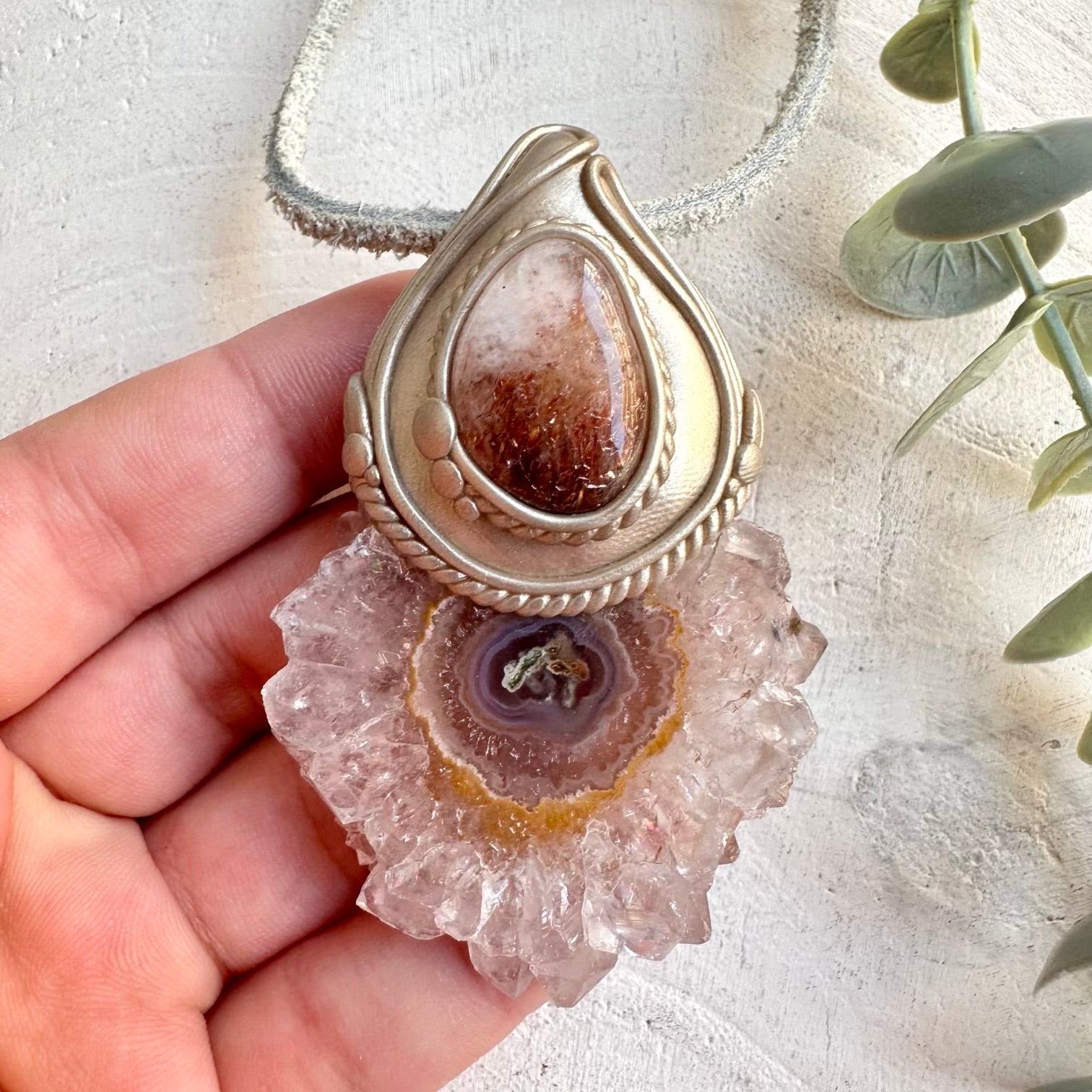 Metaphysical boho jewelry amethyst stalactite and hematite quartz necklace