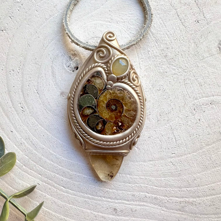 Crystal talisman necklace with ammonite citrine and chalcedony healing stones