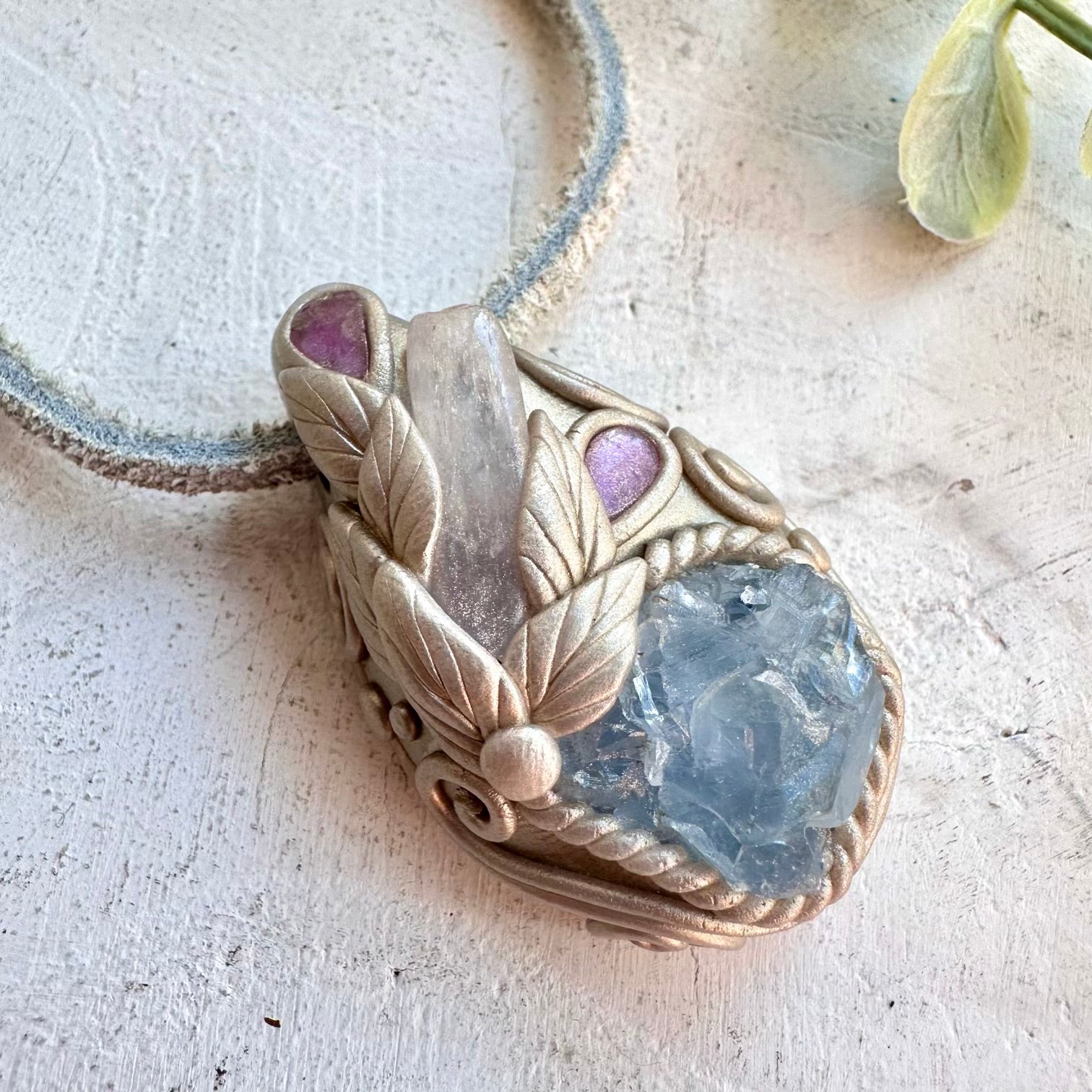 Healing crystal necklace fantasy jewelry raw celestite kunzite pendant