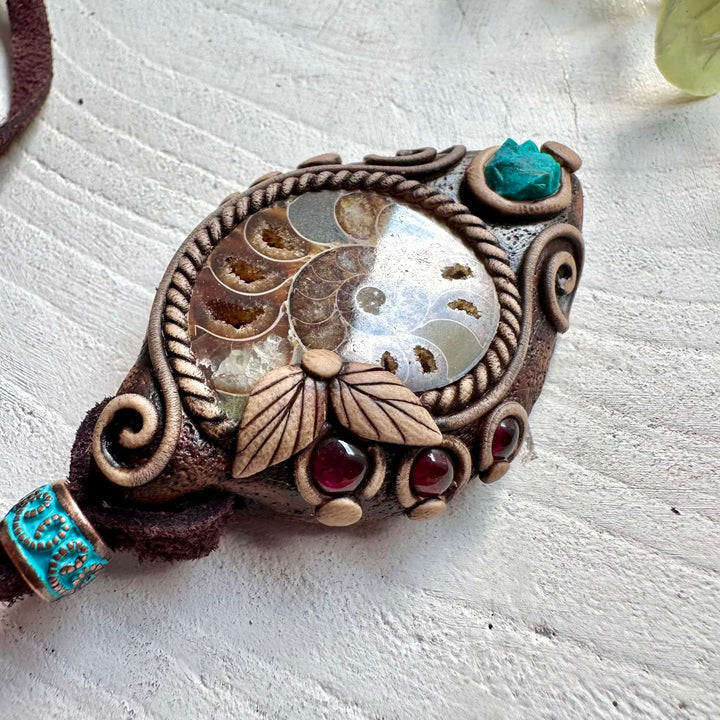Unisex crystal necklace with natural Ammonite, Chrysocolla and Rhodolite Garnet