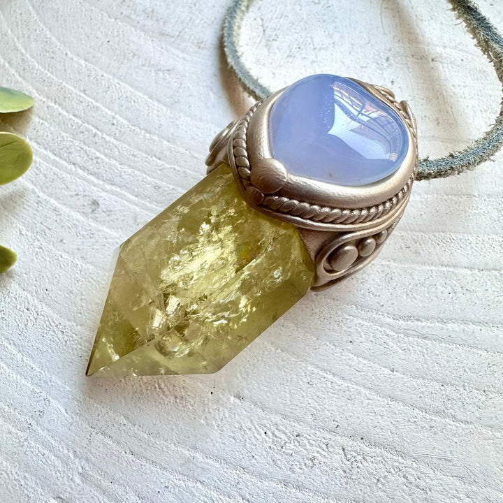 Metaphysical boho jewelry citrine blue chalcedony heart necklace