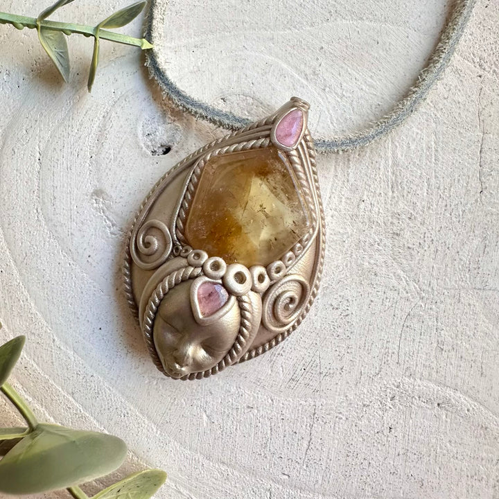 Raw gemstone necklace citrine pink tourmaline healing crystal jewelry