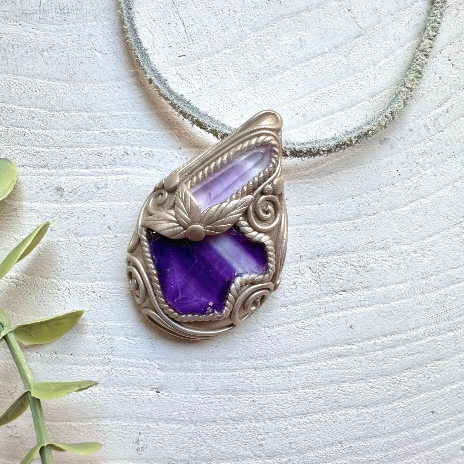 Crystal talisman necklace with purple fluorite and Vera Cruz amethyst healing stones