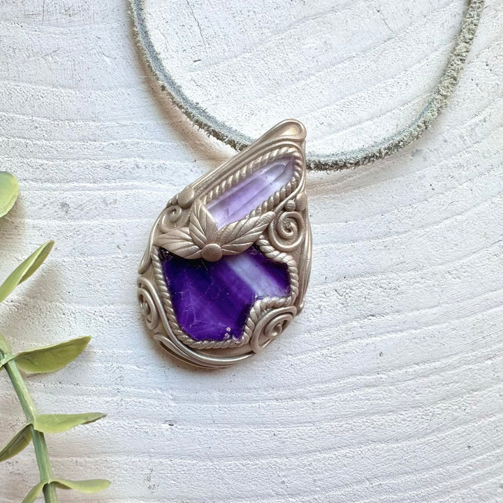 Crystal talisman necklace with purple fluorite and Vera Cruz amethyst healing stones