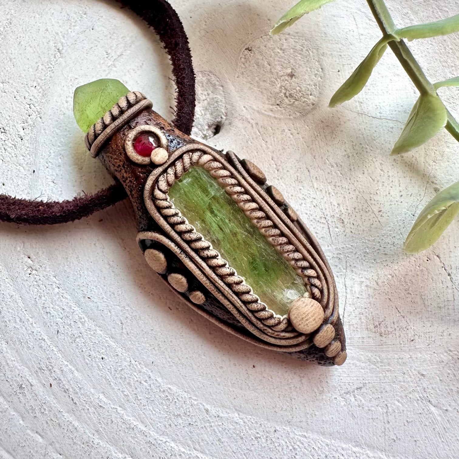 Boho crystal pendant necklace with Green Kyanite and gemstones for spiritual jewelry lovers