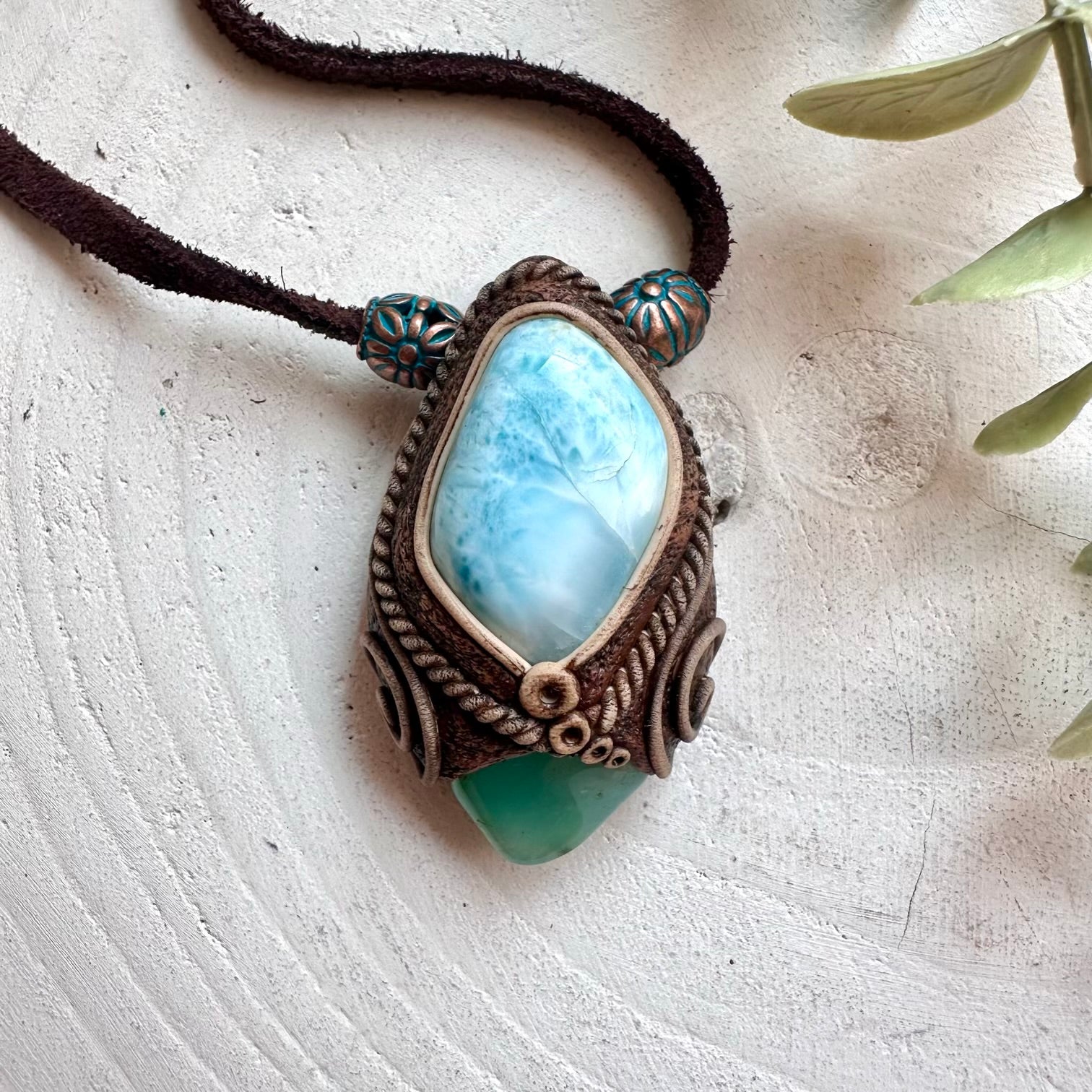 Larimar and Chrysoprase healing crystal handmade necklace