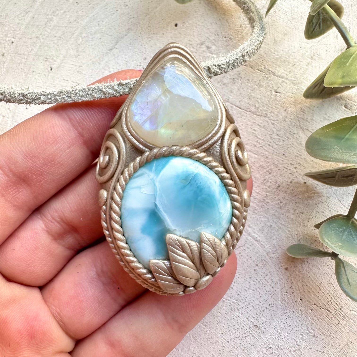 One of a kind larimar and moonstone crystal necklace handmade spiritual gemstone pendant