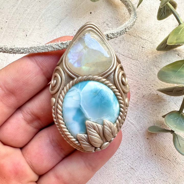 One of a kind larimar and moonstone crystal necklace handmade spiritual gemstone pendant